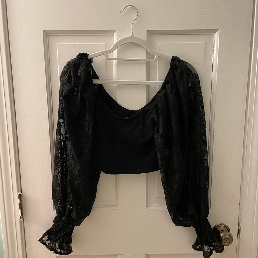 Urban Outfitters Black Puff Embroidered Sleeve Fitted Top